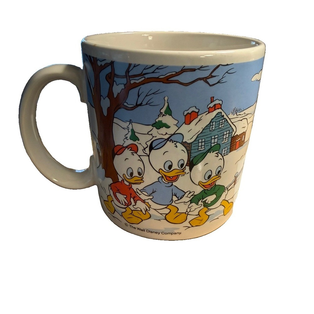 Applause Disney Mug 1988 Donald Duck Huey Dewey Louie Christmas Winter Scene VTG